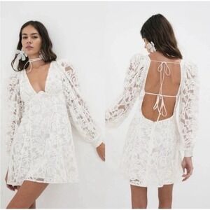 For Love & Lemons Maureen White Mini Dress XS Lace Sheer Sleeves Bachelorette